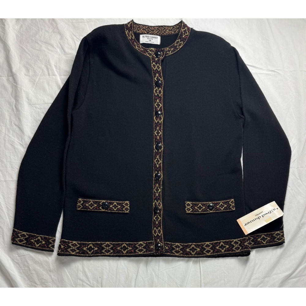 Vintage Alfred Dunner Petite‎ Black Gold Trimmed Cardigan Sweater M
